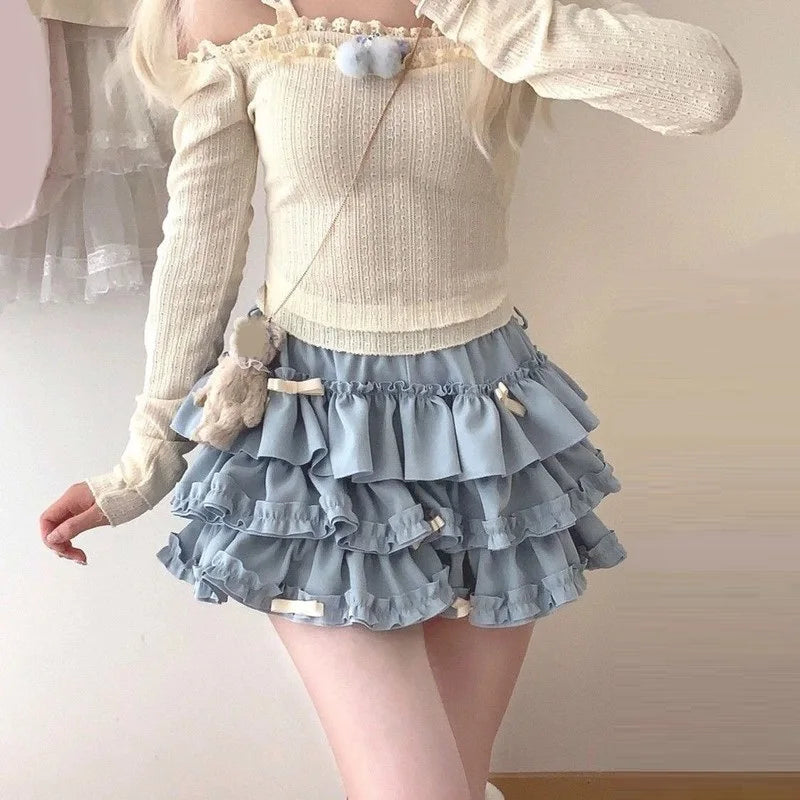 Women Short Skirt Female Elastic Waist Tutu Skirts Ruffled A-line Mini Pleated Cake Skirt