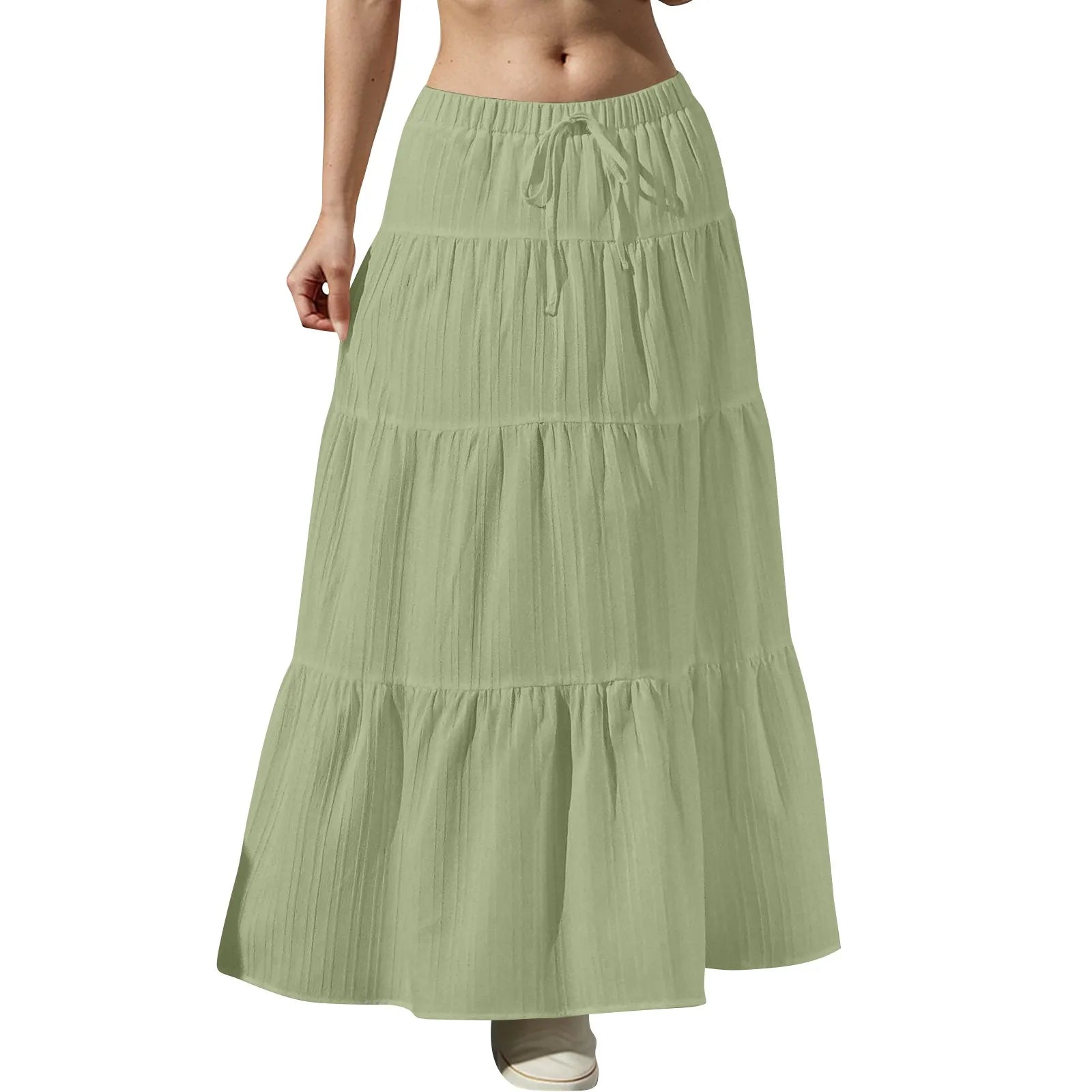 Women's Flared Ruffle Hem Maxi Skirt Fashion Women Solid Long Skirts Elastic Waist Elegant Long Skirt Spring Summer Cake Dress