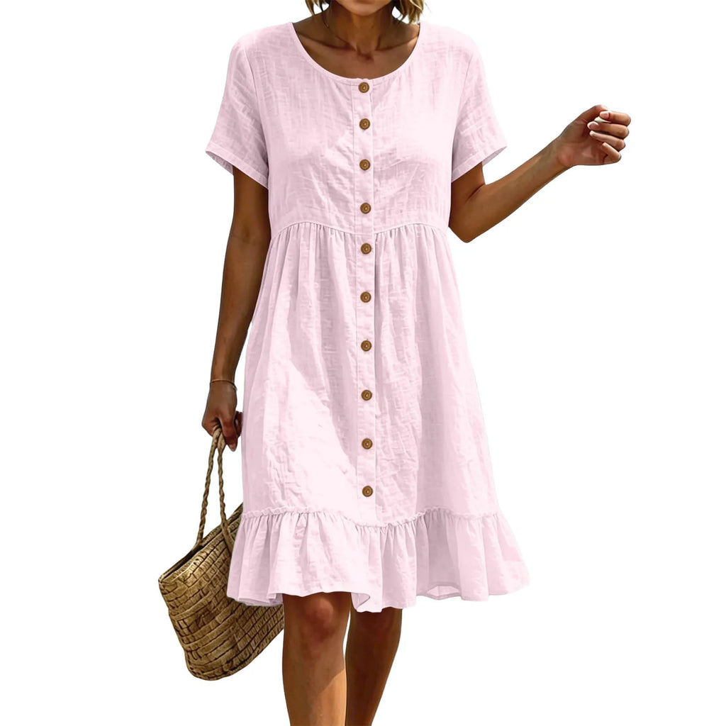 Women Casual Summer Dress Round Neck Front Button Down Short Sleeve Loose Midi Dress Solid Ruffle Hem Beach Cotton Linen Dreses