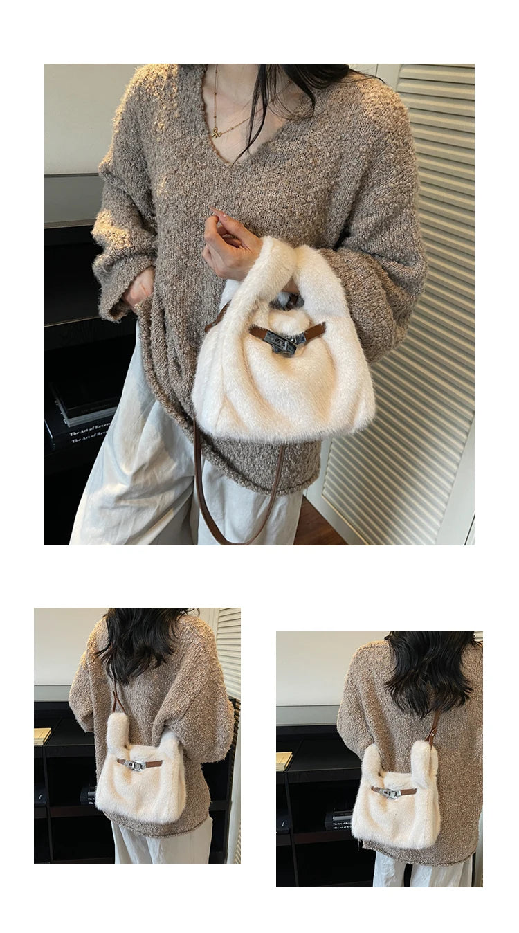 Fashionable Women's Bags Trend 2025 Faux Fur Shoulder Bags Plush Faux Mink Luxury Handbags Chic Crossbody Bag Solid Color Purses