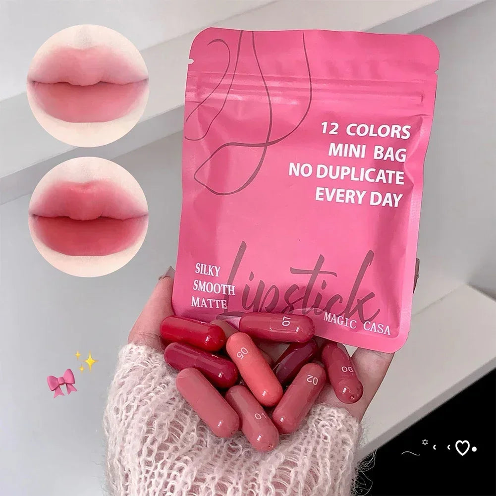 Matte Lipstick Capsule Set 12 Colors Long Lasting Non Fading Perfect Women Gift for Festival Makeup Lip Balm