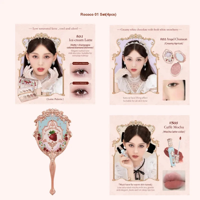 Flower Knows Strawberry Rococo Series Makeup Set Glitter Matte Eyeshadow Palette Blusher Power Velvet Lipstick Kit Perfume Set