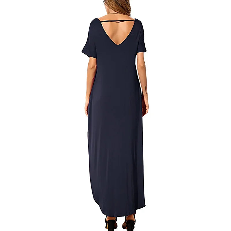 Women's Casual Maxi Dress V Neck Short Sleeve Dresses Loose Fit Long Dress with Pockets Side Slit Outfit Home Casual Daily Wear