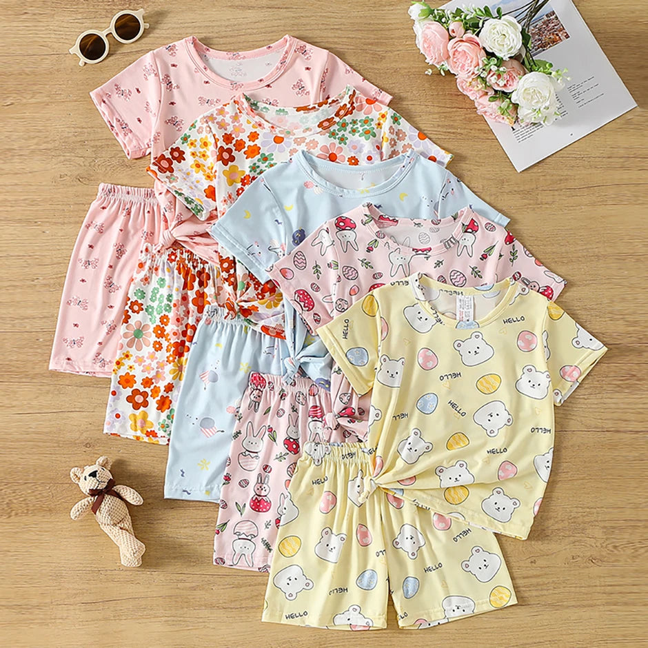 2/4-piece Summer And Autumn Children's Cute Cartoon Print Set For Boys And Girls Comfortable And Versatile Short Sleeved Shorts