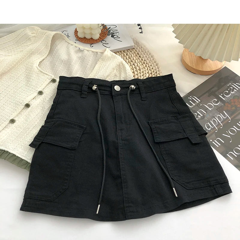 Retro High Waist Denim  Skirt Women's Spring Summer Autumn Casual Drawstring Anti-Light Short Skirt Polyester Fiber