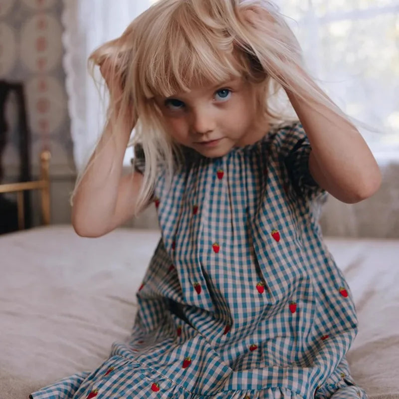 Girls Plaid Strawberry Cotton Dress & Shorts Set | Summer Outfit