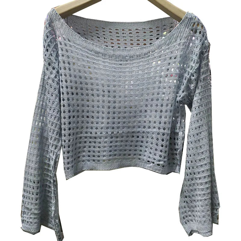 Long Sleeve Crochet Knit Top Summer Beach Bikini Cover Up Crop Pullover Wool Knitwear Blouse Women Vacation Boho Outfit