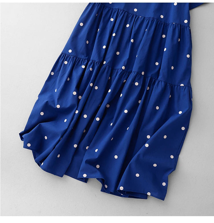 High-End Blue Pure Cotton Floral Print Dress Women's Summer 2025 round Neck Long Dress Polka Dot Skirt Comfortable A-Line