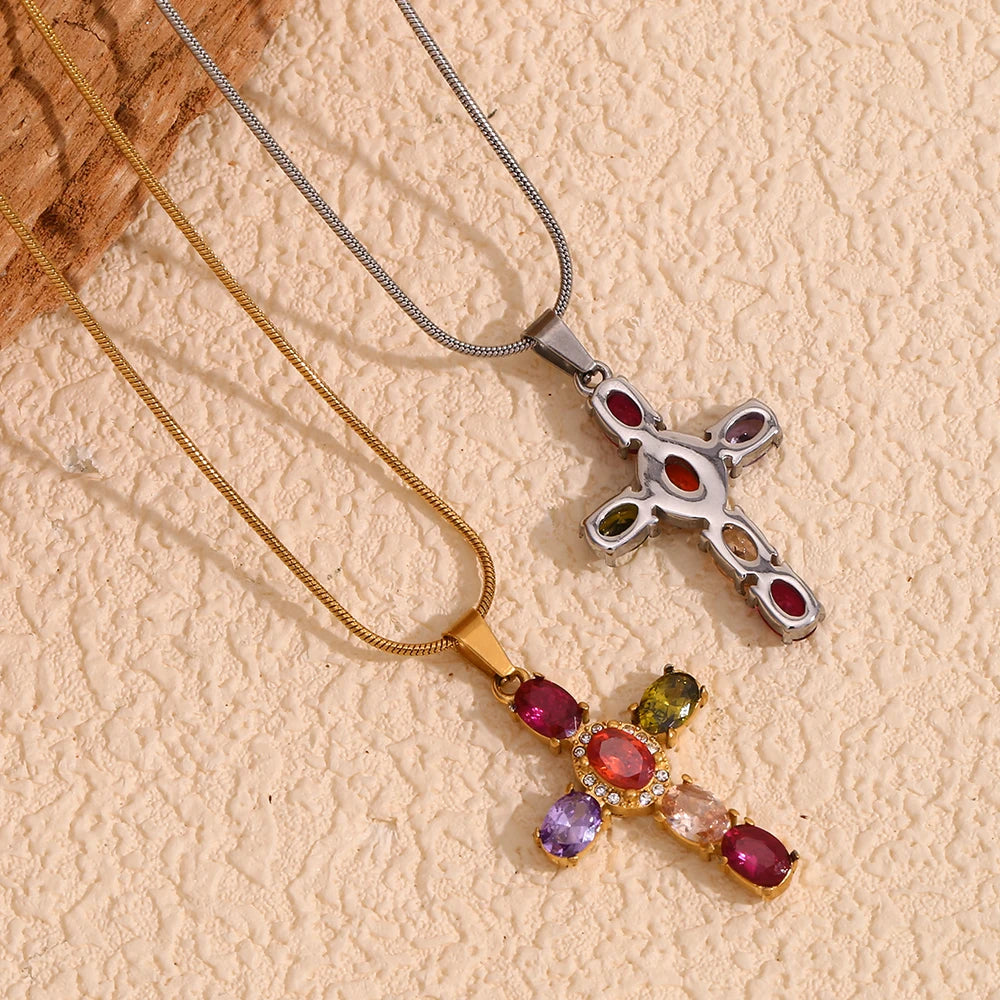 E.B.belle Colorful Rhinestone Cross Pendant Necklace Snake Chain Waterproof Stainless Steel Fashion Jewelry For Women Girls