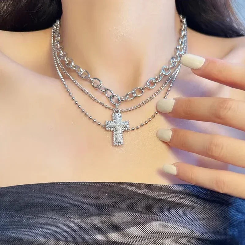 Rhinestone Cross Pendant Necklace Spicy Girl Sweet and Cool Style Multi Layered Necklace Choker Gift for Women Choker Jewelry