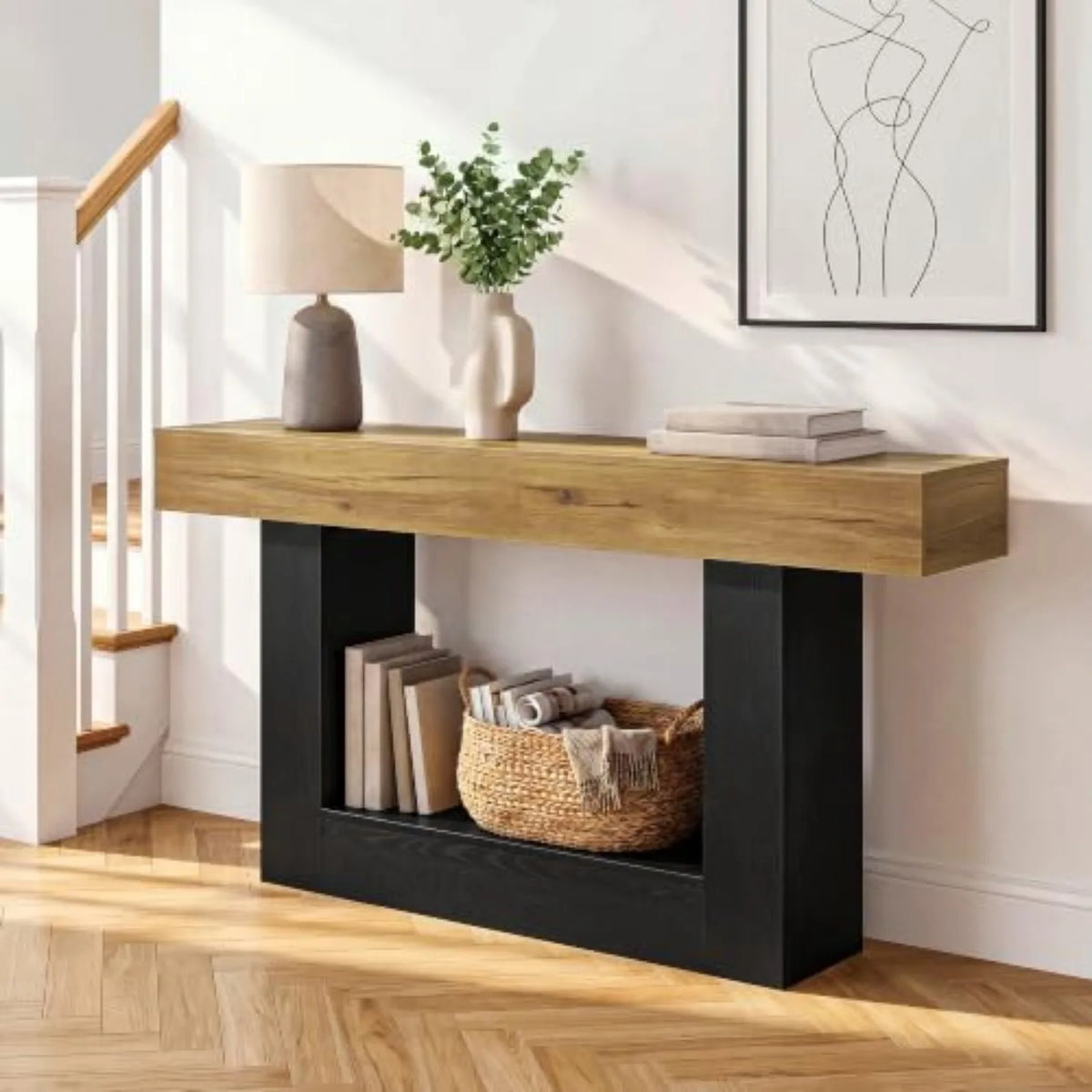 63" Console Table, 2-Tier Entryway/Sofa Table, U-Shaped Base, Brown | Storage Shelf for Baskets & Books; Scratch &