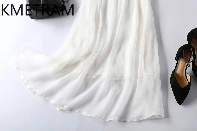 KMETRAM 100% Natural Mulberry Silk Dresses 2025 Woman Summer Elegant V-neck Long Dress Party Frocks Women Clothing Vestidos