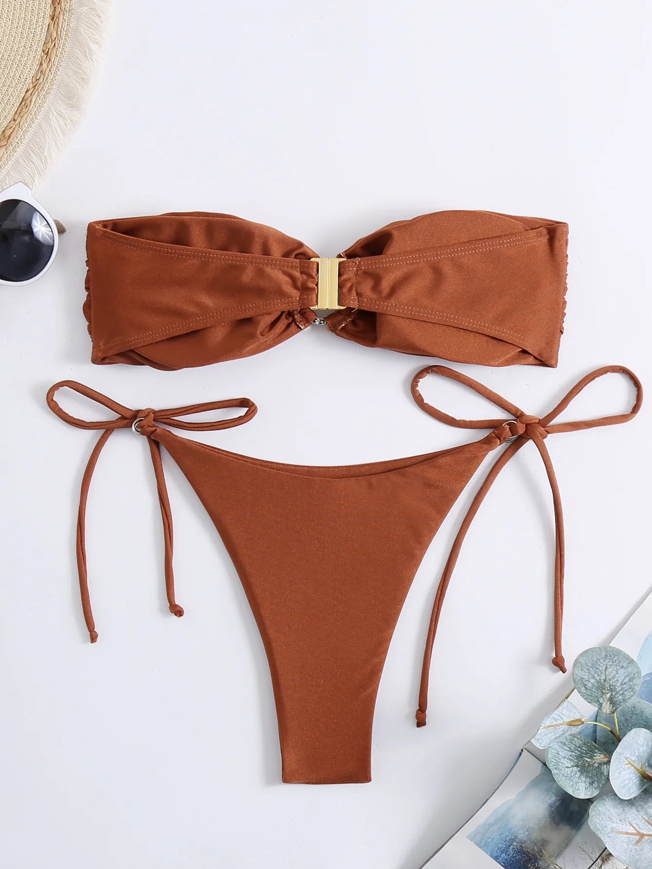 Women's Push-Up Bandeau Bikini Set – Solid Color Wire-Free Two-Piece Swimsuit