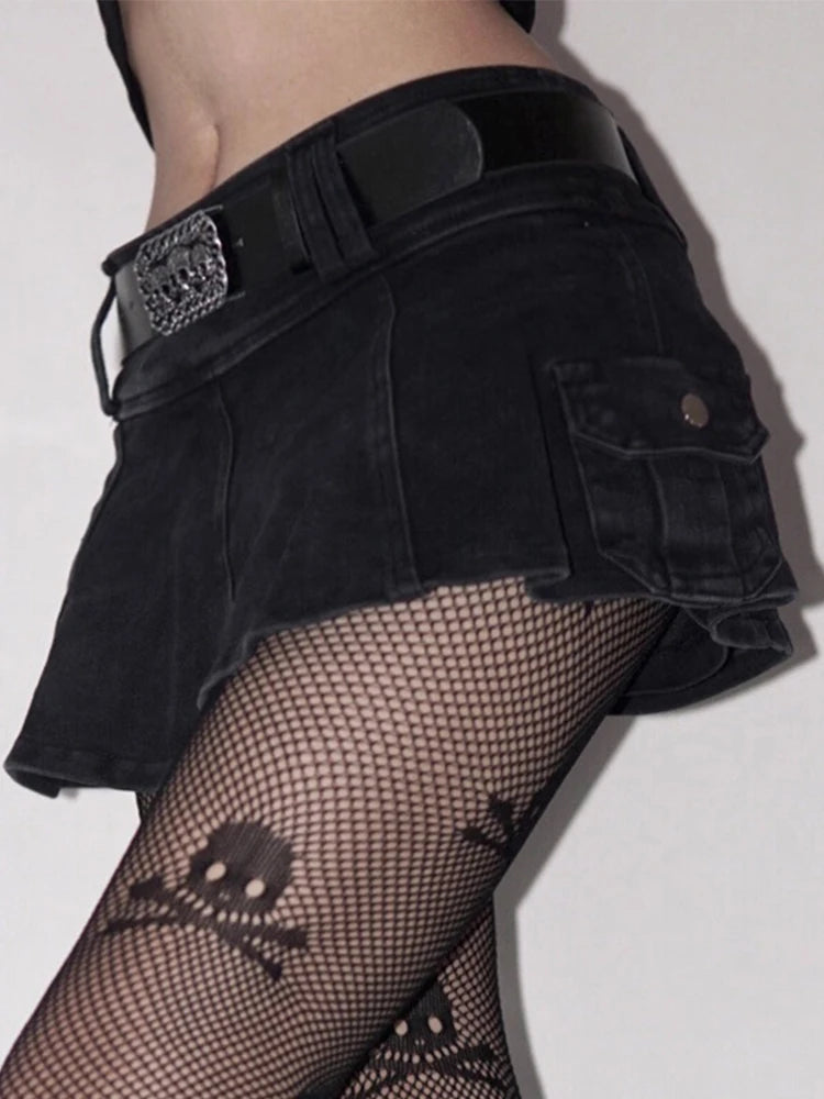 AltGoth Harajuku Y2k Denim Skirt Women Dark Gothic Streetwear Mini Skirt with Skull Belt Mall Goth Punk Grunge Sexy Emo Clubwear