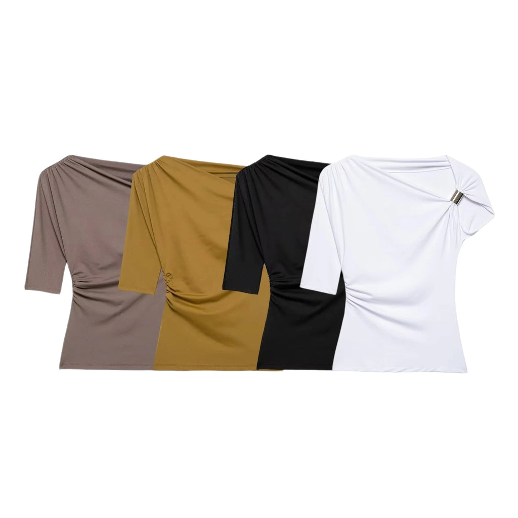 HH Women Pleated Short Sleeve Solid Slim Tops Summer Sexy Chic Asymmetrical Off Shoulder Vintage T-Shirts High Street Outfits