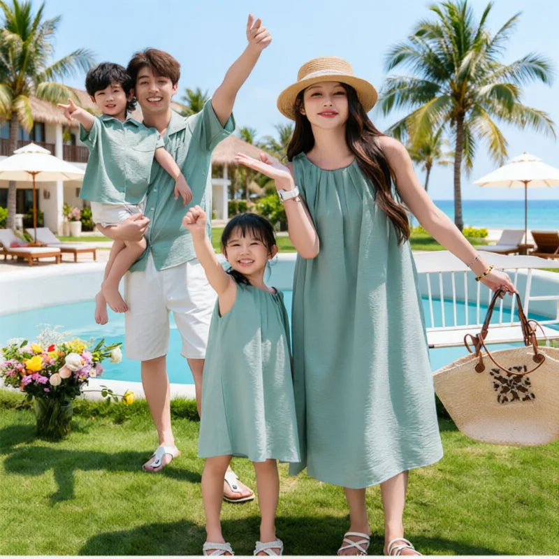 Vacation Family Matching Couple Outfit Dad Son Beach Shirts Mom Daughter Loose Dress Korean Parent-child Sister Brother Clothes