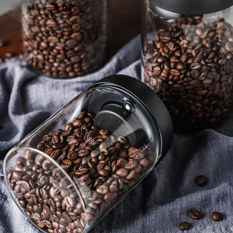 Multi Capacity Black Lid Coffee Pot Manual Vacuum Moisture-proof Storage Pot Kitchen Glass Teapot Coffee Bean Storage Sealed Jar