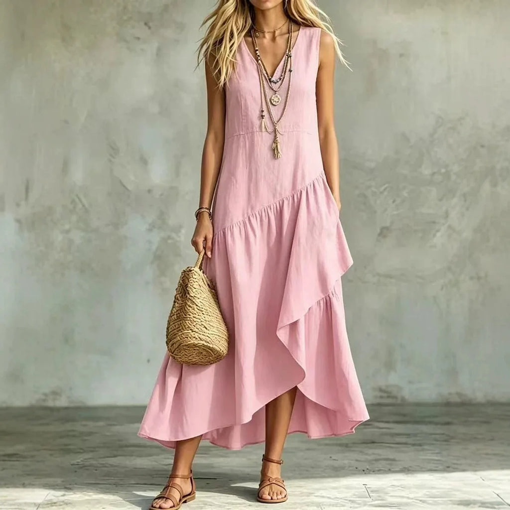 Summer 2026 New Arrival French Style Sleeveless V-Neck Asymmetrical Long Dress with Ruffle Hem Elegant Casual Tourist Wear
