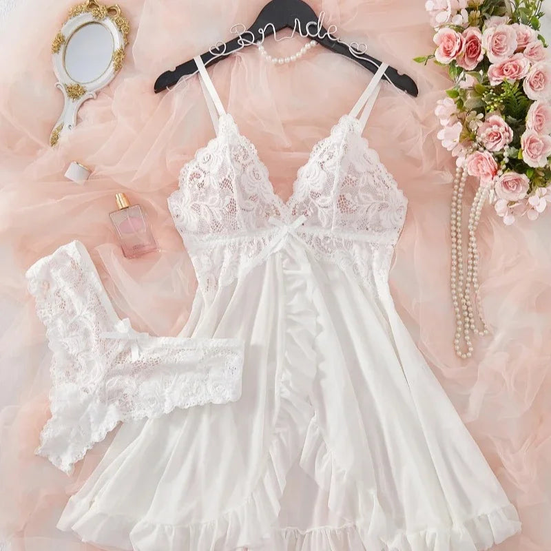 Sexy Lingerie Set Women'S Erotic Bra Nightdress Sexy Lace Sleepwear Solid Slim Soft Dresses V Neck Full Slip Sleepwear & Dresses