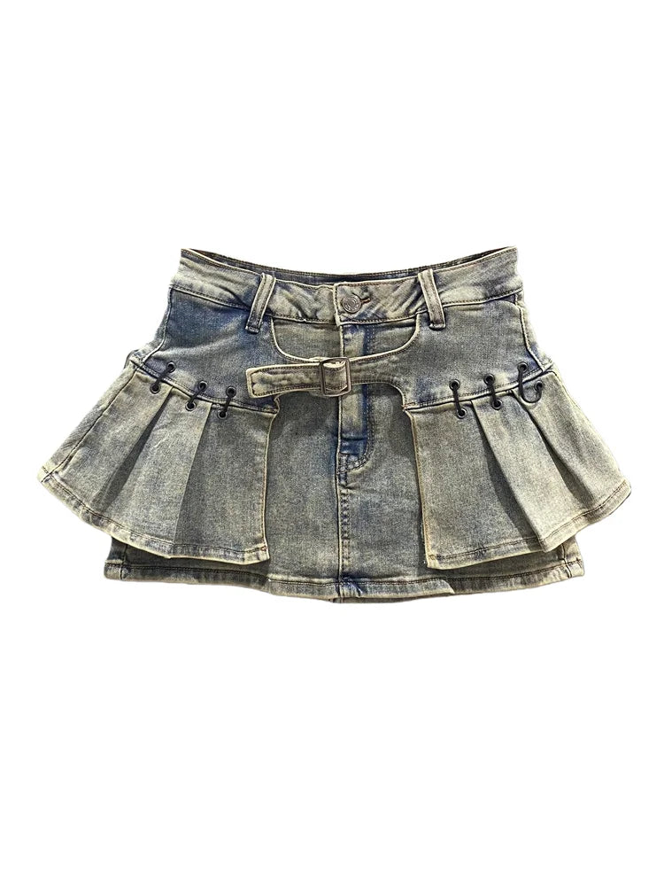 Retro American Denim  Skirt Women's Spring Summer Design Slimming Sexy A-Line Pleated Short Skirt High Waist Cotton Polye...