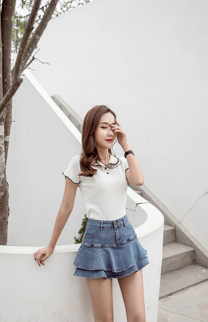 Vintage Denim Mini Skirts Women Summer Sexy Solid Colour Ball Gown Skirts Jeans Female Casual Pocket Slim A-line Mini Skirts