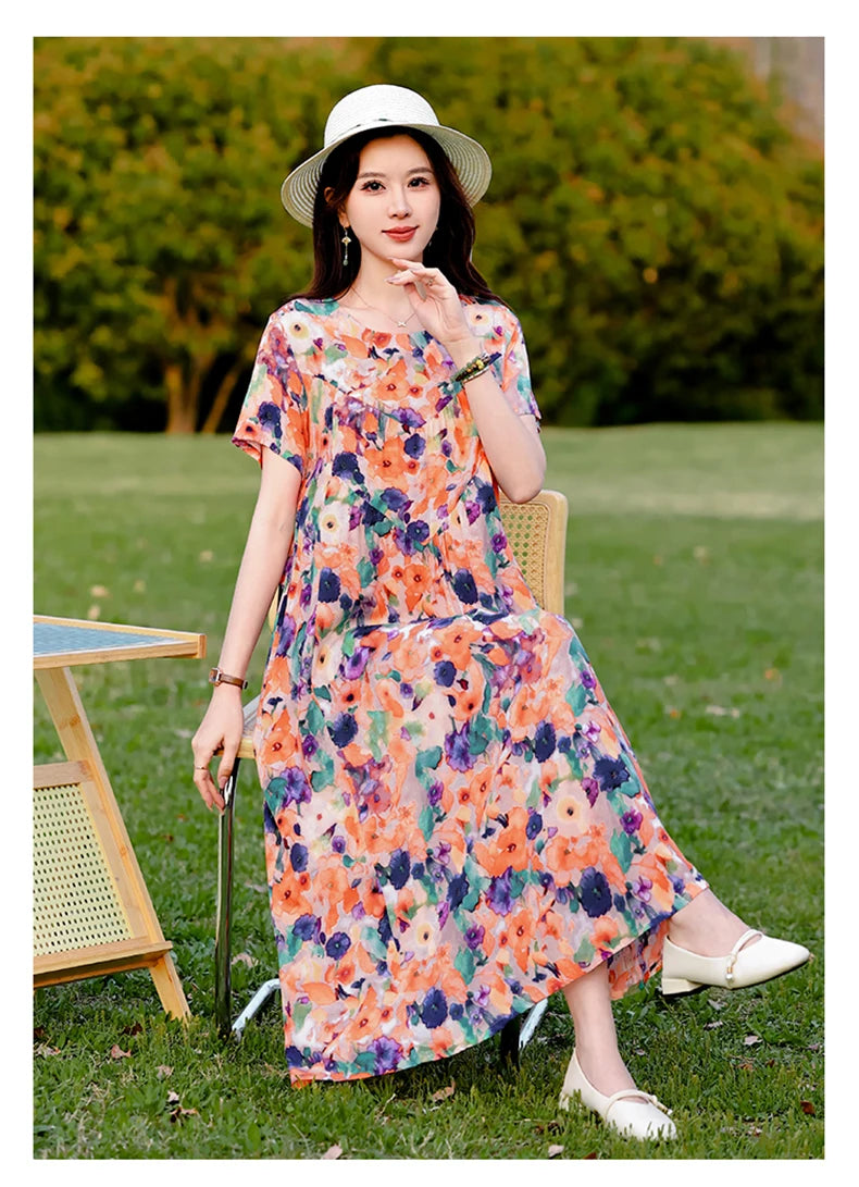 New Print plus size 2026 New Fashion Floral Printed Summer Dress Vestidos Elegant Short Sleeve Slim O-Neck Party Women clothing
