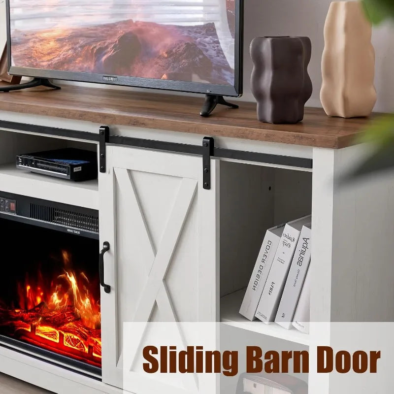 AMERLIFE Fireplace TV Stand with Sliding Barn Door Farmhouse Fireplace Entertainment Center with Storage Cabinets/Adjustable