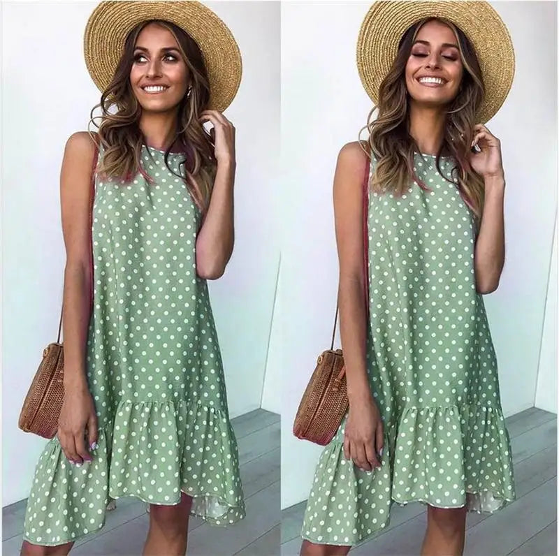 2020 Summer round Neck Sleeveless Polka Dot Loose A-Line Dress with Lace Hem Long Evening Gown Women's Fashion Casual Dress
