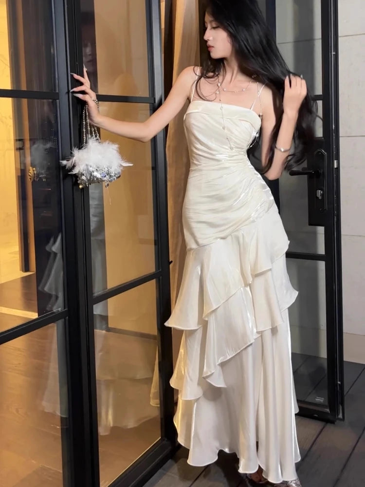 Elegant Women French Spaghetti Strap New Long Dresses Female Slim Chic Party Prom Robe Fashion One Piece Clothing Spring Summer