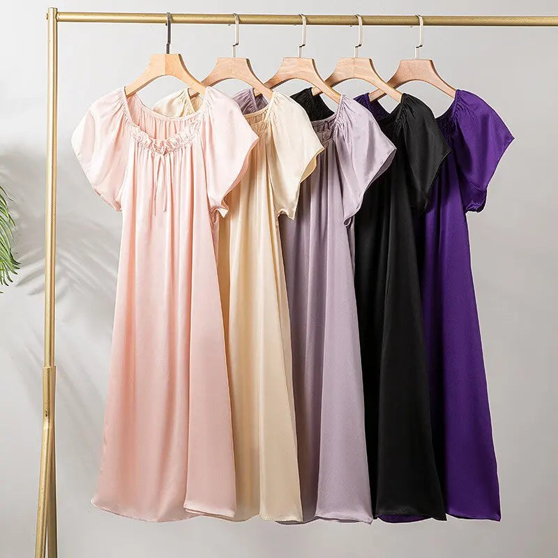 Loose 100%Silk Short Sleeve Nightgown, Summer Medium-long Satin Sleepwear Woman