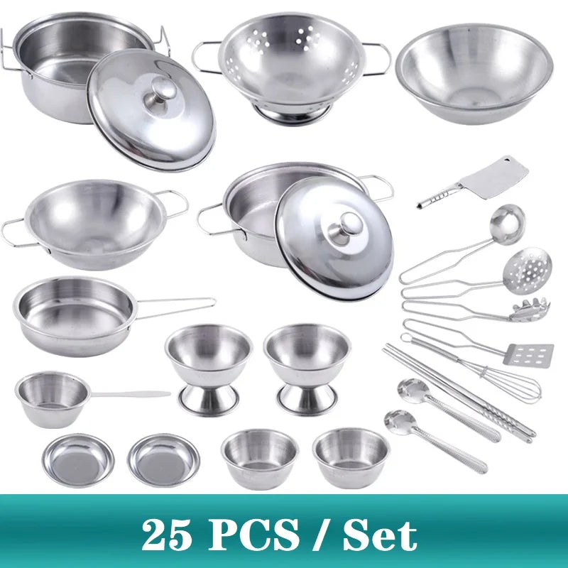 Juego de utensilios de cocina MINI de juguete para niños y niñas de acero inoxidable, pueden guardar alimentos, juguetes de cocina educativos de juego de imitación