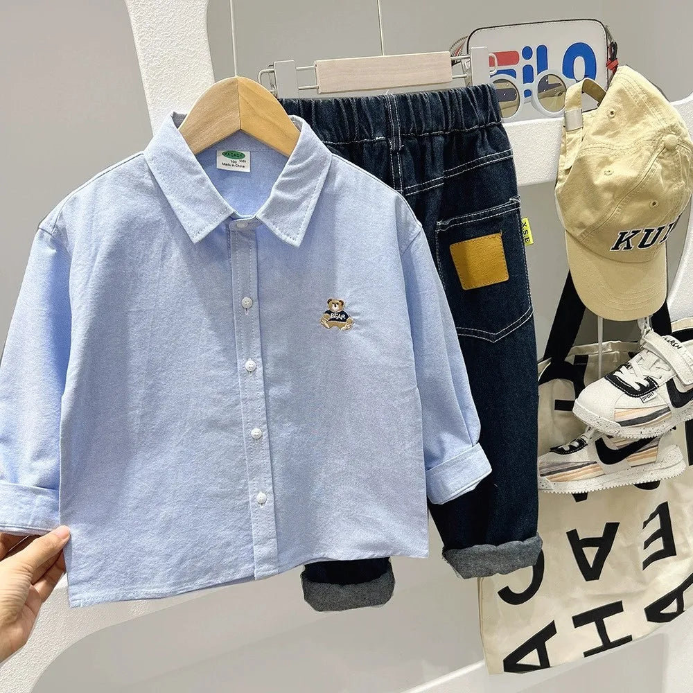 Children's Autumn Long Sleeve Shirt 2025 New Style Boys' Oxford Spinning Thin Coat Middle and Large Children's Casual Cartoon Sh
