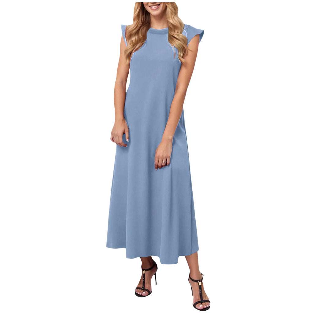 Women's Solid Color Summer Dress Flying Short Sleeve Loose Fit A Line Long Dress Casual Oversized O Neck Beach Vestidos Mujer