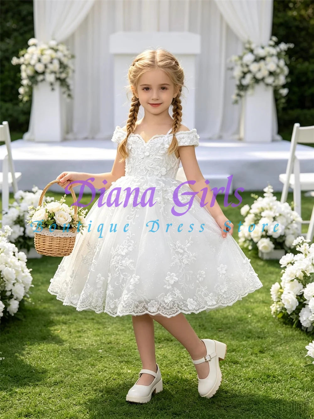 Gorgeous Quality Tulle Beading Flower Girl Dress Off Shoulder Flowers Lace First Communion Dress for Wedding Toddler Kids Gowns