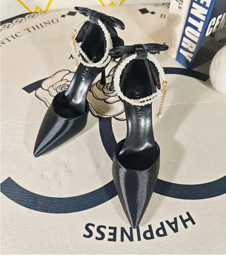 Plus 33-42 Pearl Ankle Strap Bow Heels Stiletto High Heels Women Pumps Wedding Shoes Bride Ladies Party Prom Closed-toe Sandals