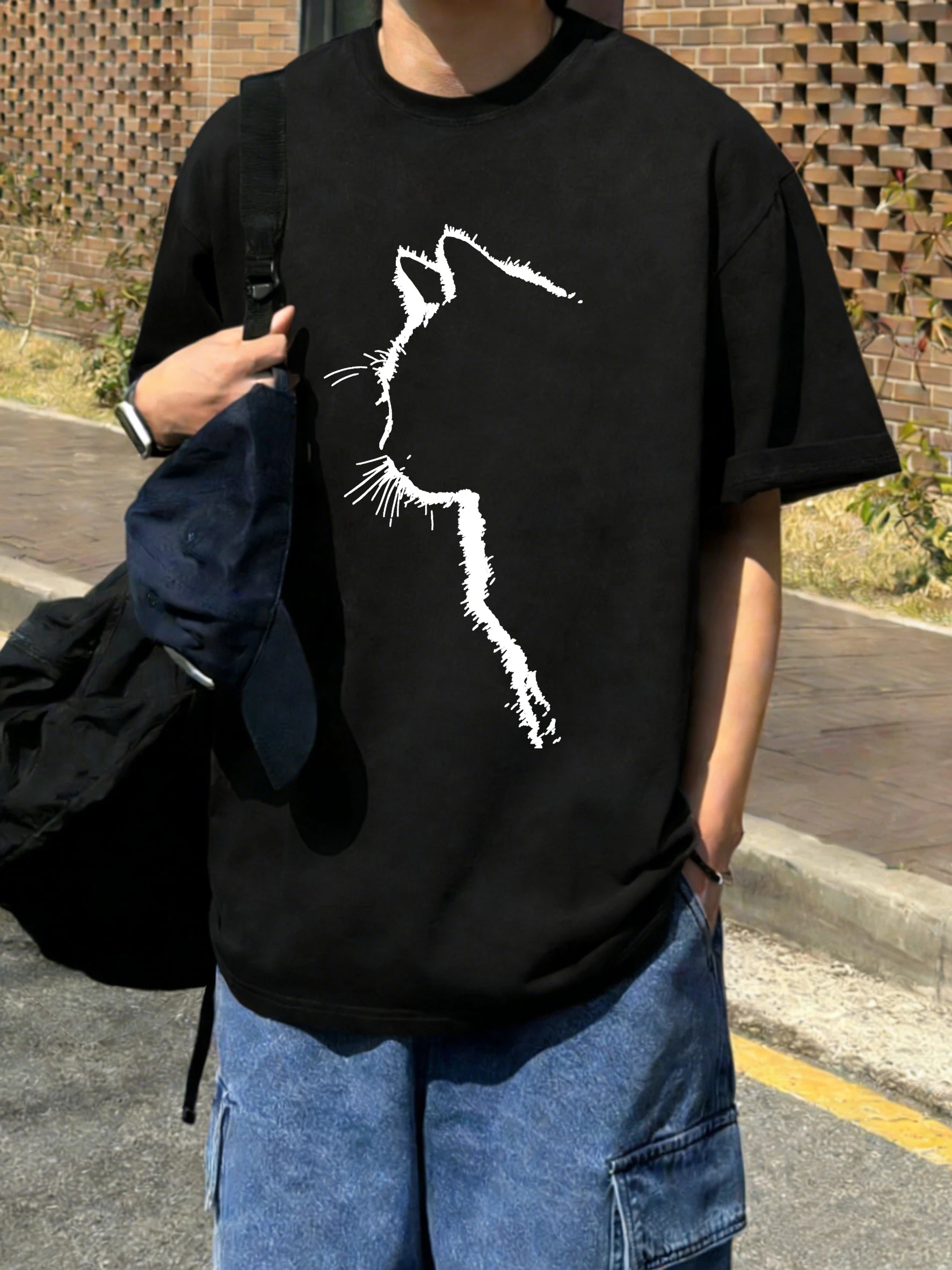 Cat Silhouette Men's T Shirt Ultra Breathable Cotton Summer T Shirt Oversized Loose Fit Vintage Style For Cat Lovers
