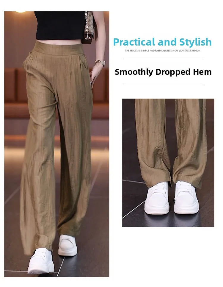 Women's Ice Silk Wide Leg Pants - High Waist Loose Casual Trousers
