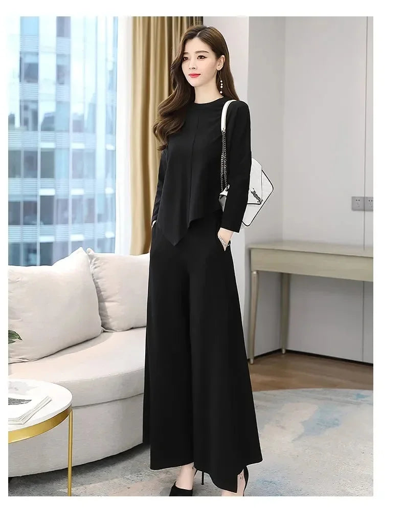 Spring Autumn Wide Leg Pants Set Women's Anti Aging Belly Cover Slimming Casual Elegant Skirt Pants Two Piece Set