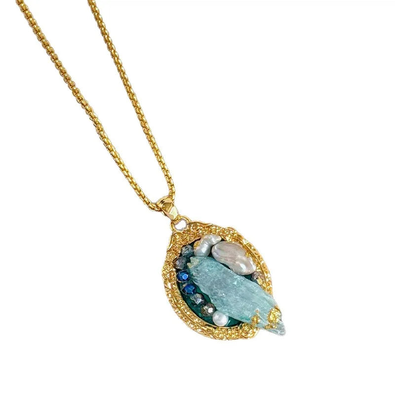 Vintage Gold Natural Crystal Necklace Earrings Set Boho Irregular Stone Pendant Jewelry For Women Luxury Party Gift
