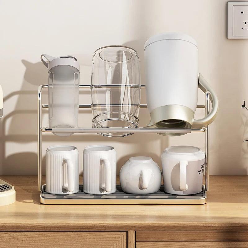 Estante de acero inoxidable de doble capa para tazas de cocina, soporte para tazas invertidas, bandeja de almacenamiento doméstica