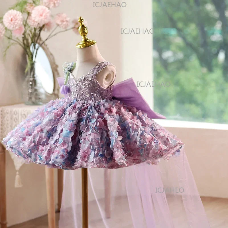 2026 Cute Sweet Purple Children Fashion Floral Sleeveless Kids Host Princess Gown Costume Girls Birthday Party Dress Summer New