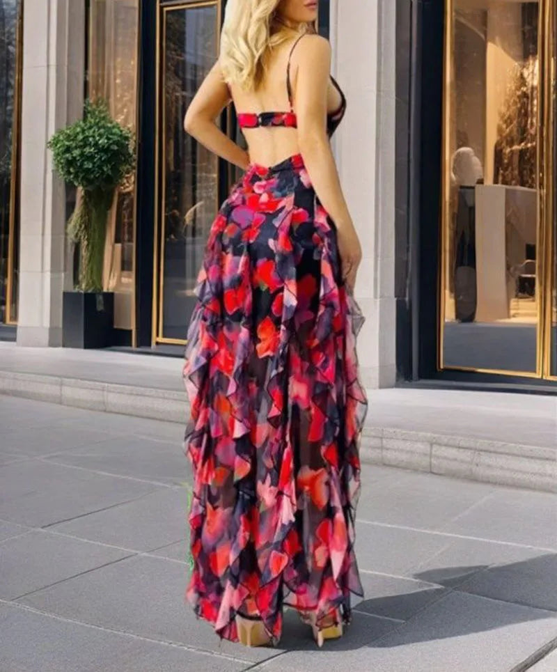 Elegant Boho Women's Summer Party Long Dress Sexy Floral Print Spaghetti Straps Backless Sleeveless Beach Sundress Maxi Dresses