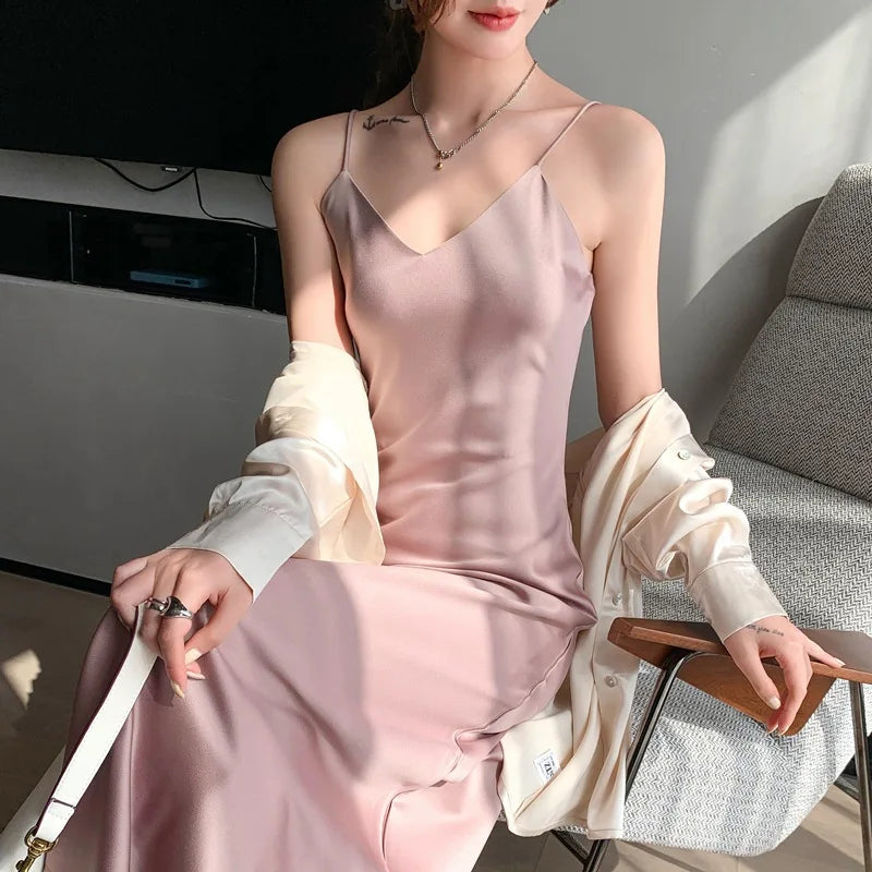 Sexy Solid Color Camisole Nightgown for Women Midi Length Sleeveless Slip Dress Inner Layer Base Dress Home Sleepwear Nightwear