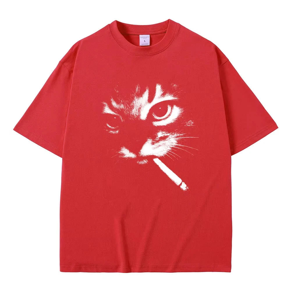 Funny Meme Smoking Cat Face Graphic T-Shirts Men Women'S Casual Cotton Vintage T Shirts Men'S Oversized T-Shirts Cats Lovers Gifts