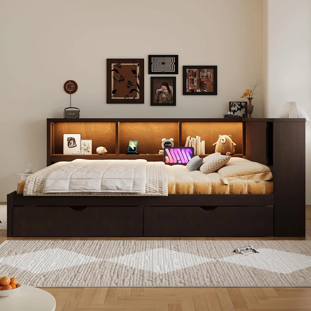 Queen Corner Bed with Storage Drawers & Bookcase, L-Shaped Daybed with LED & USB, Wood Frame for Living Room Bedroom, Customized