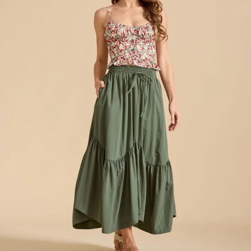 Summer Boho Maxi Skirt Women's Adjustable Drawstring High Waist Cascading Ruffles Artistic Flare European Vintage Style Sexy