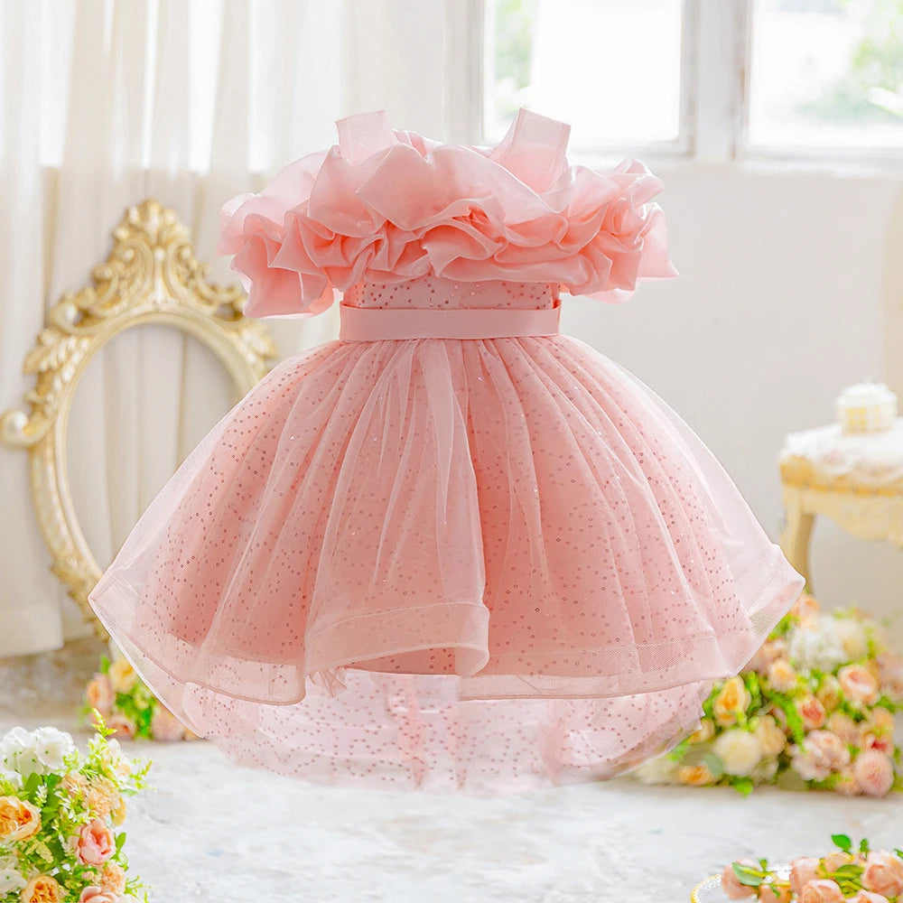 HETISO Tulle Princess Party Dress for Kids Flower Girl Graduation Pageant Birthday Wedding Bridesmaid Child Costume Prom Gown