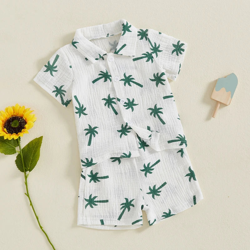 Baby Boys Summer Outfits Palm Tree Print Button Up Short Sleeves T-Shirt And Elastic Shorts Set For 2 Piece Clothes Set