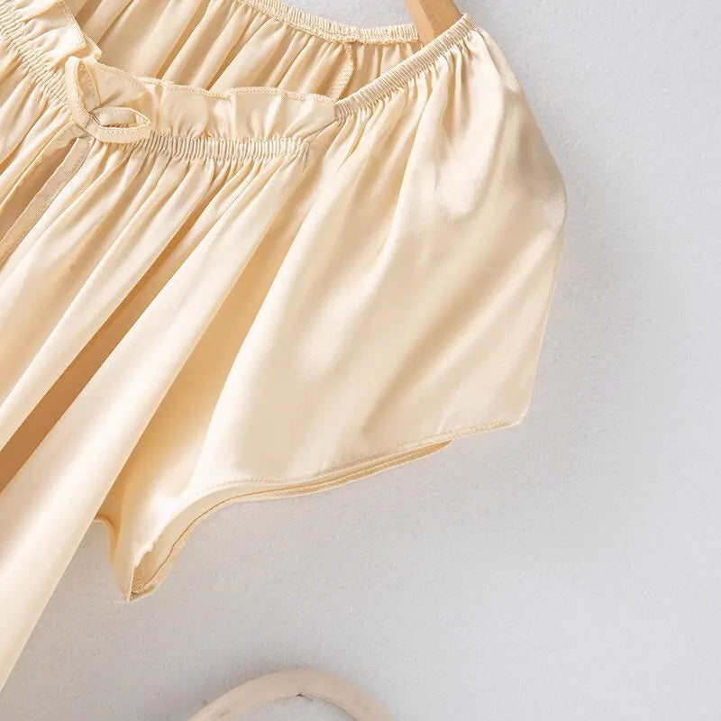 Loose 100%Silk Short Sleeve Nightgown, Summer Medium-long Satin Sleepwear Woman