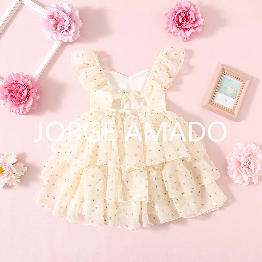 Girls Floral Embroidery Layered Princess Dress | Summer Mesh Sundress